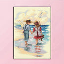 Partial Embroidery 11CT Cross Stitch Kit Seaside Boy and Girl DIY Stamped Newly
