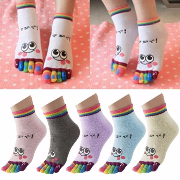 Women Girls Cute Trainer Sports Cartoon Smile Cotton Toe Socks Five Finger