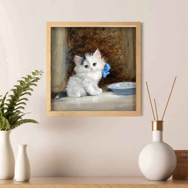 Hand Painted on Canvas DIY Cute White Cat Oil Paint By Numbers Drawing Kit Craft