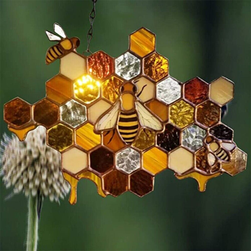 Stained Glass Bee Honeycomb Hanging Suncatcher Ornaments Window Garden Decor