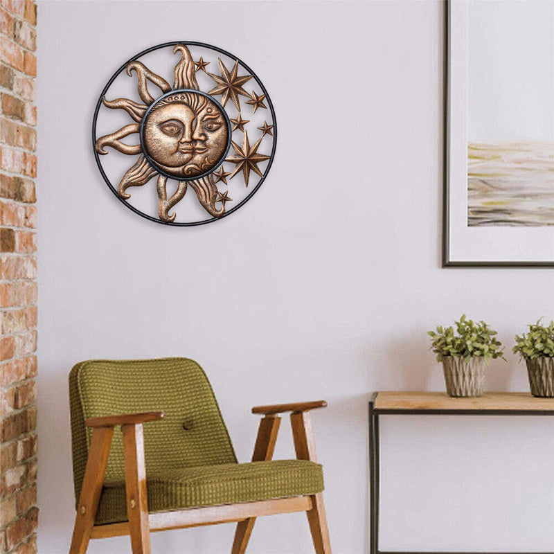 Metal Sun Moon Wall Hanging Sculpture Wrought Iron Ornament Art for Home Decor