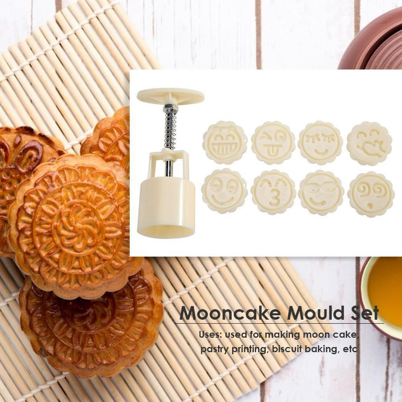 9pcs Round Mooncake Mold Hand Press Emoticon Shape Mould DIY Kitchen Baking