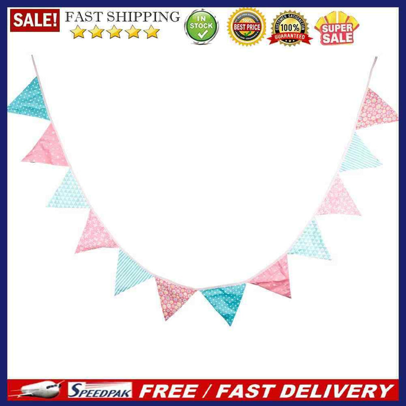 12 Flags Pink Blue Floral Cotton Fabric Bunting Pennant Banner Birthday