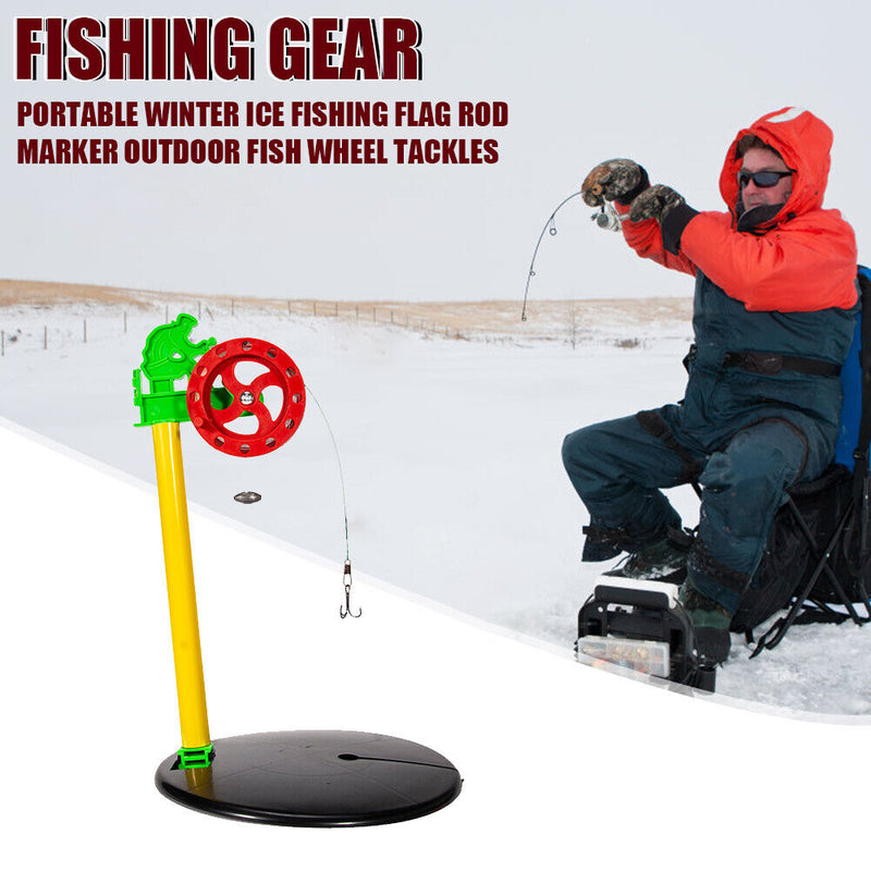 2pcs Portable Fishing Flag Winter Ice Fish Pole Wheel Fishing Tackle with Hook