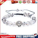 Unisex Lion Charm Beads Bangle Adjustable Strand Bracelet (Stripe Agate)