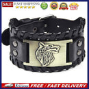 Woven Wide Leather Bracelet Men Adjustable Wolf Head Decor Jewelry Gift