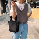 Casual Corduroy Shoulder Bag Women Mini Bento Solid Top-handle Tote (Black)