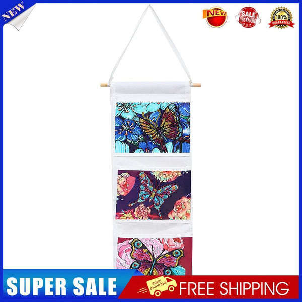 Butterfly Diamond Painting Wall Hanging Storage Bag 3 Pockets White (AA993)