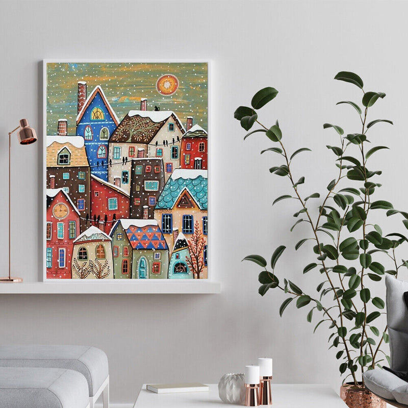 Snow Village Oil Painting By Numbers DIY Frameless Art Picture On Canvas