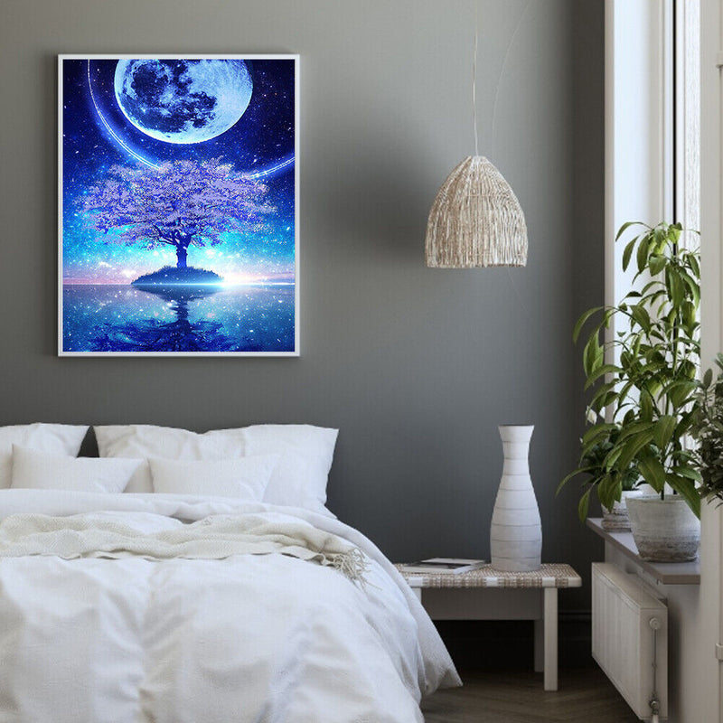 Frameless Painting By Number Moon Tree Reflection DIY Handmade Drawing On Canvas