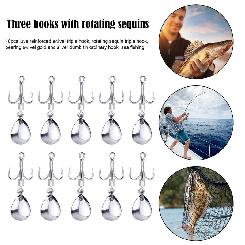 10pcs/Set Metal Barbed Fishing 3-Hooks with Rotating Sequin Fishing Accessories