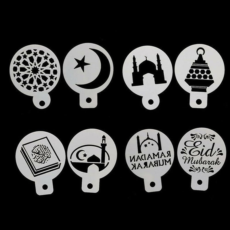 8pcs Eid Mubarak Coffee Spray Stencils Cookie Pastry Cakes Molds Festival Partys