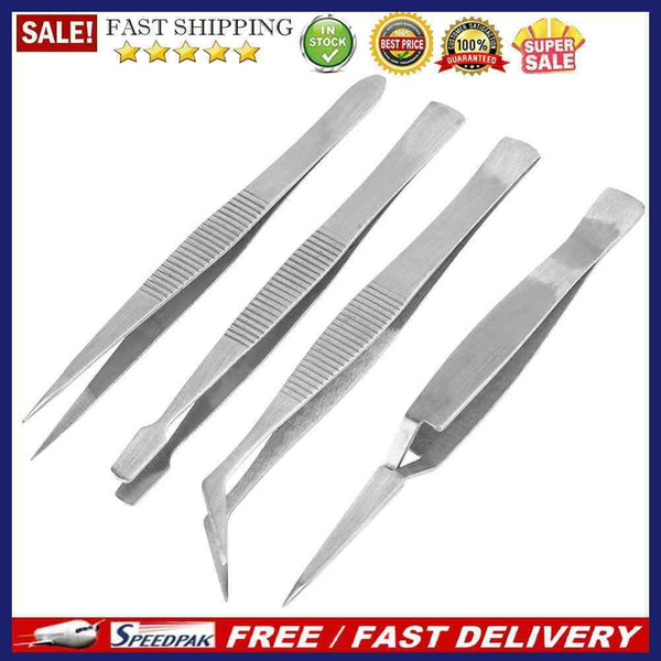 4pcs Stainless Steel Tweezers Pointed Elbow Flat Cross for Craft Kraft