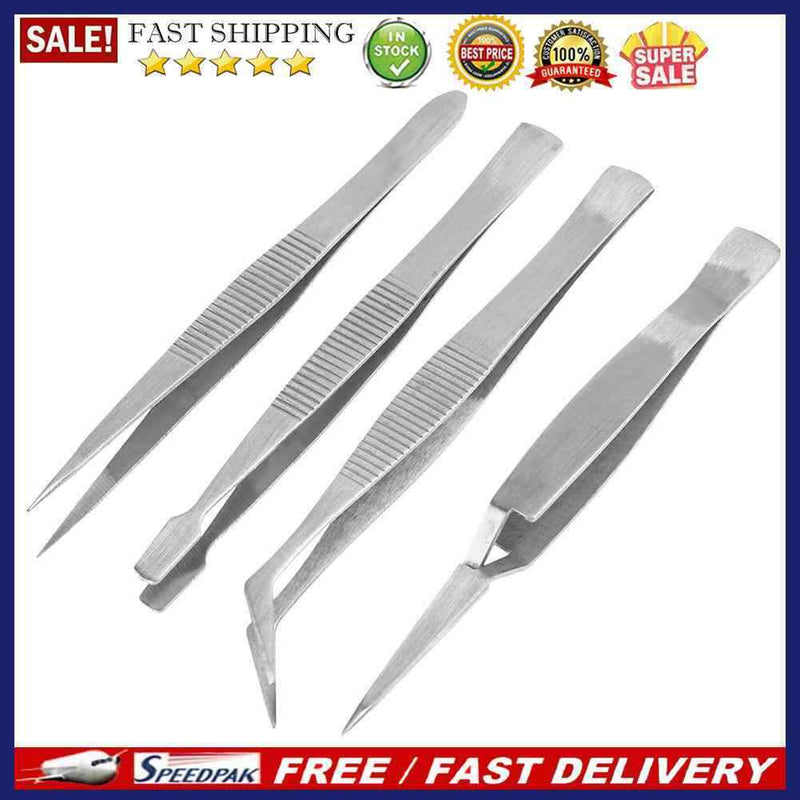 4pcs Stainless Steel Tweezers Pointed Elbow Flat Cross for Craft Kraft