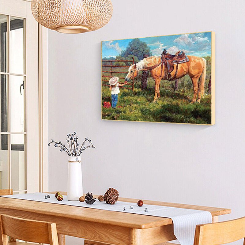 Frameless Oil Paint By Numbers Feeding Horse Girl DIY Canvas Picture Kit