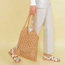 Beach Straw Shoulder Bag Womens Woven Summer Vacation Cotton Hollow Fishnet Tote