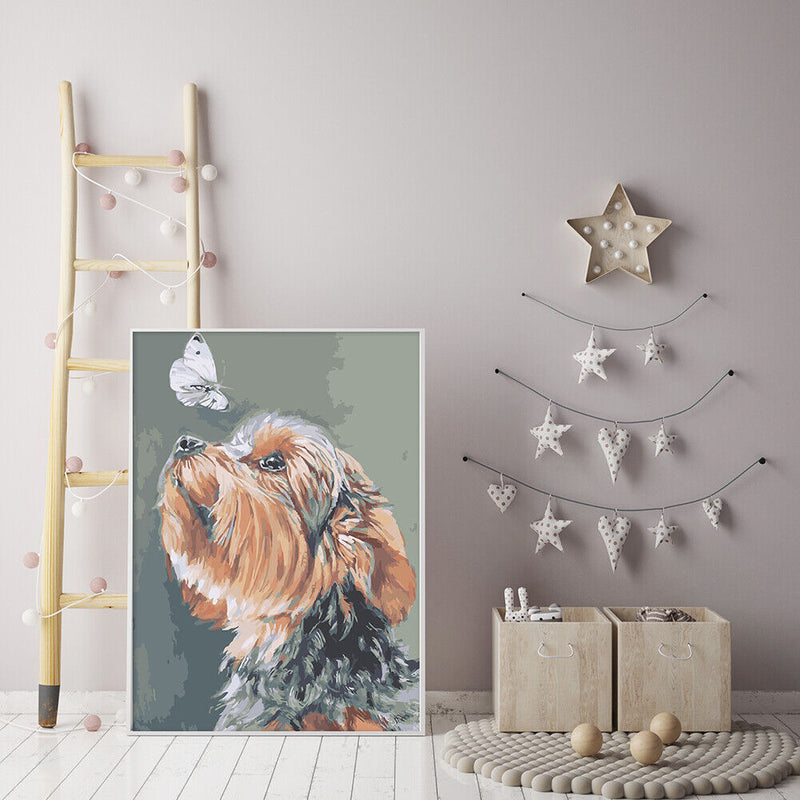 Hand Painted Canvas Art Painting By Number Dog and Butterfly DIY Oil Picture Kit