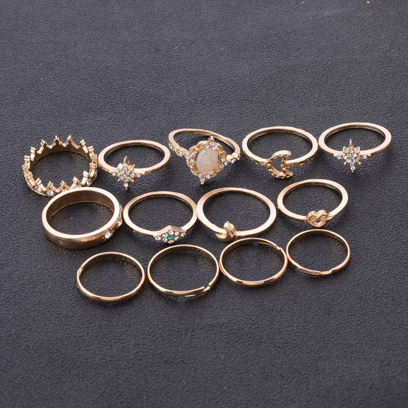 Elegant Bohemian Opal Rings Set Knuckle Midi Crown Finger Rings Moon Star