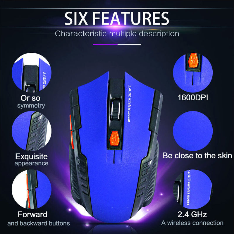 USB Wireless Mouse 1600DPI Adjustable Receiver 2.4GHz Mice for PC (Blue)