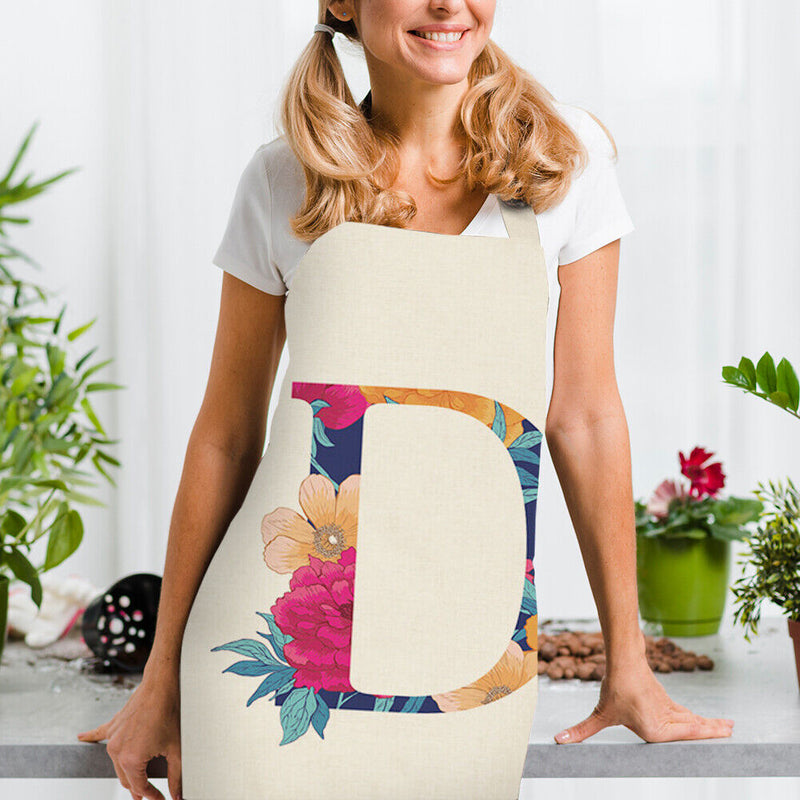 Flower D Print Linen Apron Simple Waterproof Kitchen Cooking Bib (68x55cm)