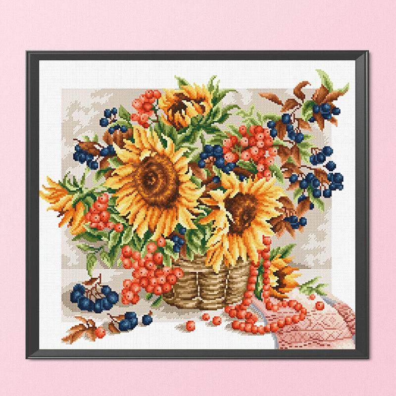 11CT Full Cross Stitch Sunflower Basket Counted DIY Embroidery Kit Cotton T