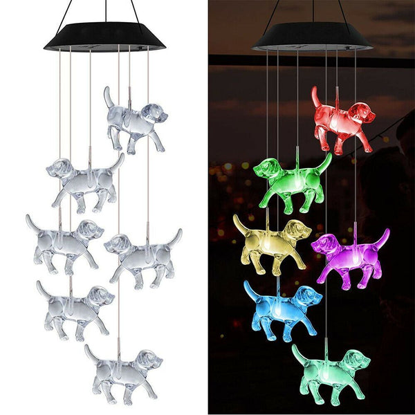 Yard Patio Wind Chime Hummingbirds Solar Chime LED Crystal Dog Discolored