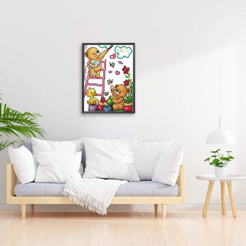 14CT Partial Stamped Embroidery Happy Painting Canvas Chinese Cross Stitch Set