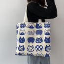 Women Cartoon Cat Print Shopping Bags Casual Large Capacity Canvas Shoulder Bag