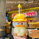 Cute Duck Water Bottle with Straw School Student Children Outdoor Drinking Cup