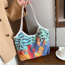 Casual Oil Painting Top-handle Pouch Girl Canvas Big Capacity Shoulder Tote Bag