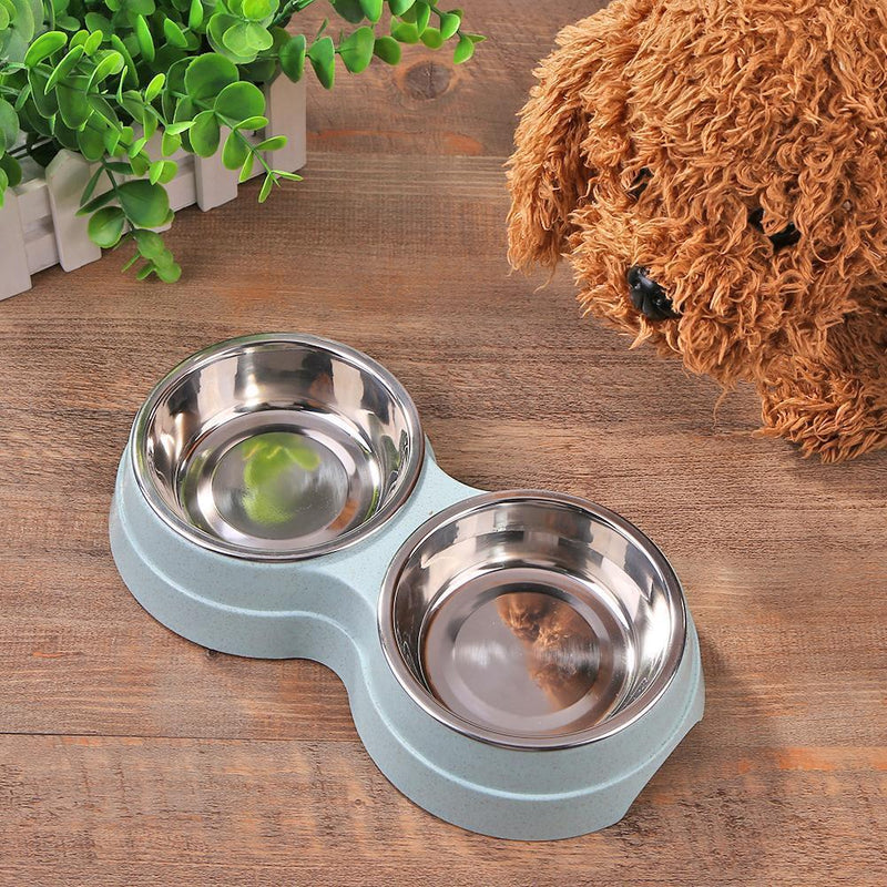 Dog Double Bowl Puppy Food Feeder Stainless Steel Pets Drinking Dish (Blue)