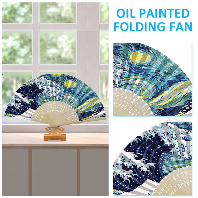 Handmade Oil Painting Waves Folding Fan By Numbers DIY Painted Craft Kit