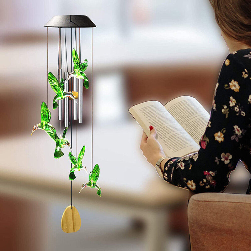 Colorful LED Solar Light Outdoor Wind Chime Hummingbird Pendant Lamps (A) Newly