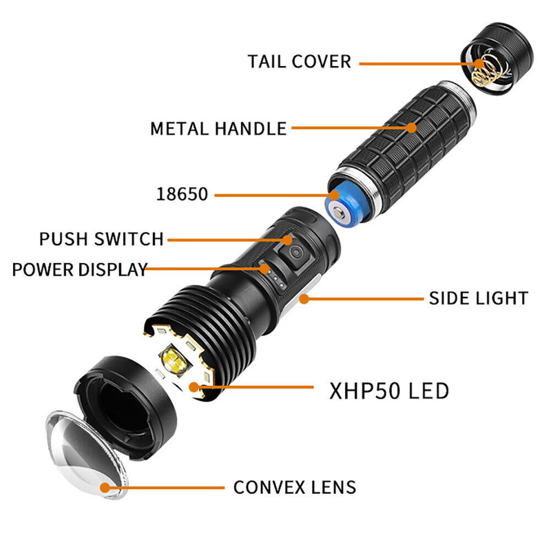 Portable Waterproof XHP50 LED Torch 1000lm Telescopic Zoom Outdoor Camping Lamp