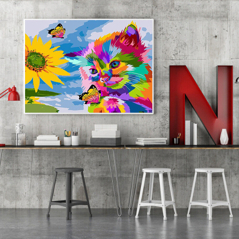 Frameless Cat Sunflower Oil Paint By Numbers DIY Handmade Drawing On Canvas Kit