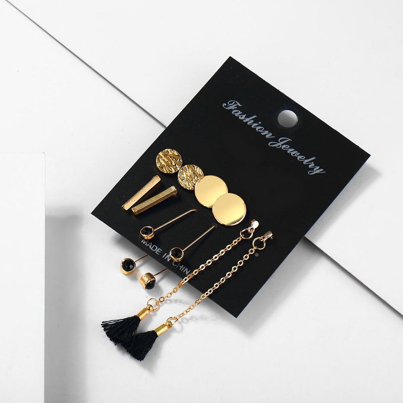 Women Trendy Mixed Black Tassel Ear stud Long Dangle Drop Alloy Earring Sets