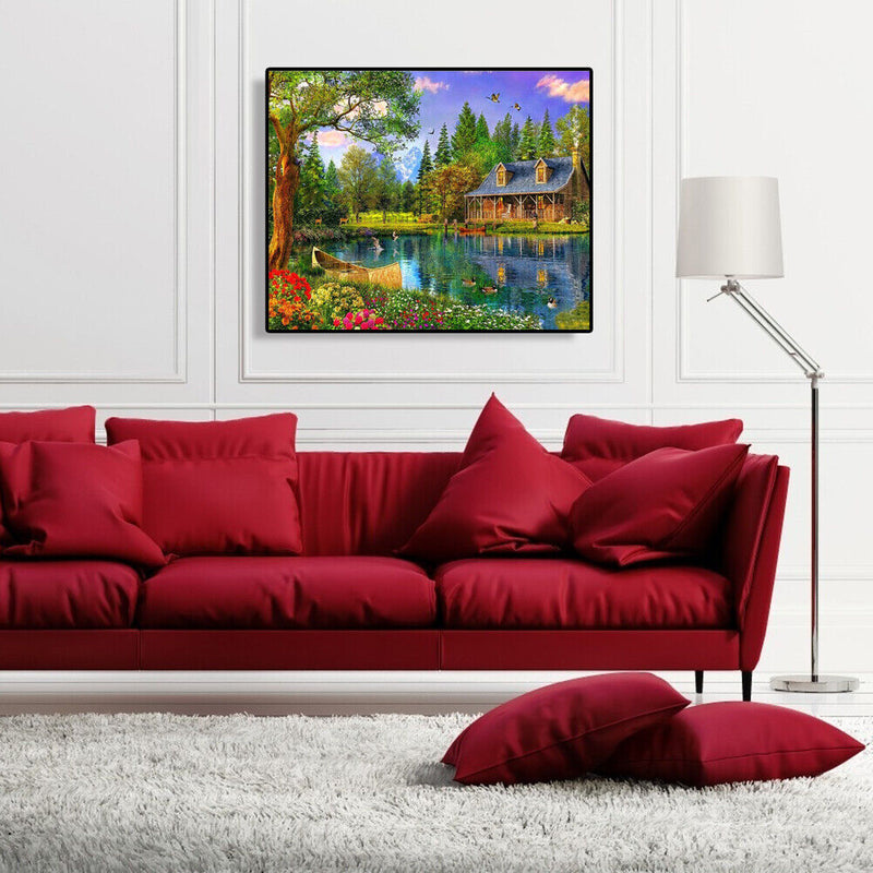 Painting By Numbers Kit DIY Lakeside Cottage Canvas Oil Art Picture Craft
