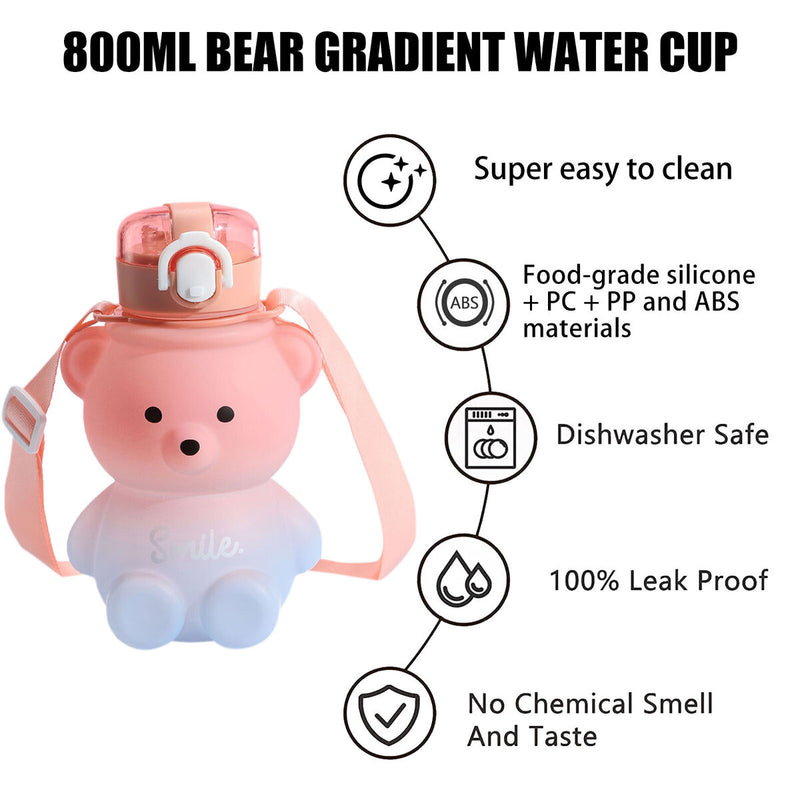 Bear Bottle - 800ml Gradient Large Capacity Water Bottles with Straw and Strap