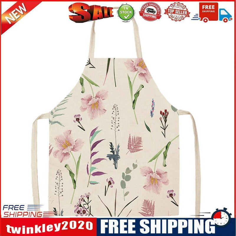 Fresh Flower Printed Linen Apron Kitchen Waterproof Bibs Pinafore (82x68cm)