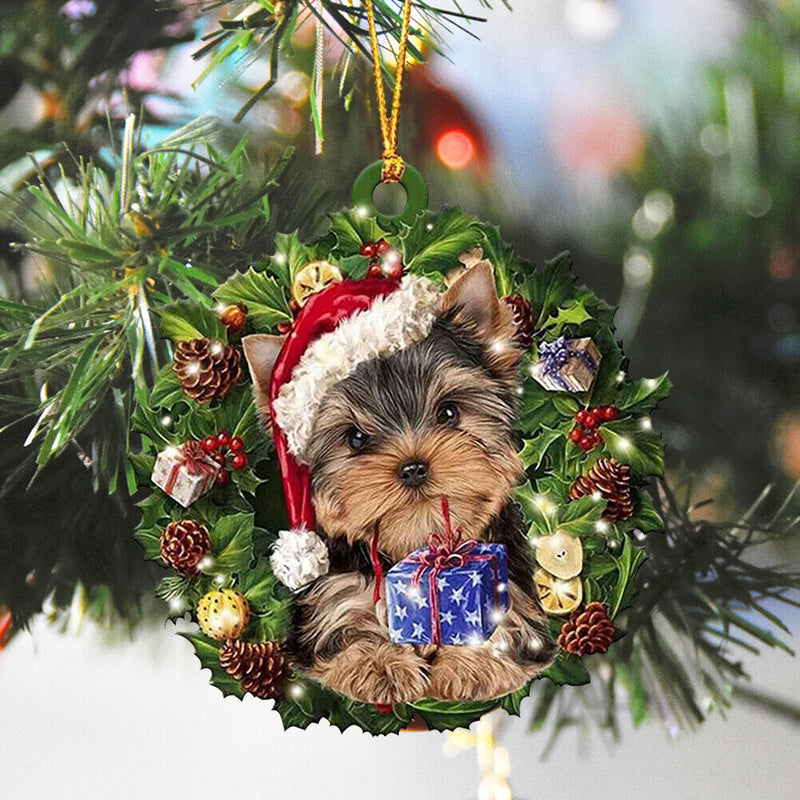 Christmas Wood Dog Wreath Pendant Home Wall Xmas Tree Festival Decor (A) Newly