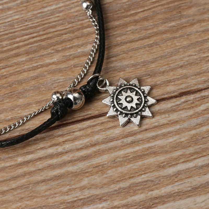 Women Summer Beach Leather Jewelry Anklets Sun Pendant Beads Charm  Foot Chain