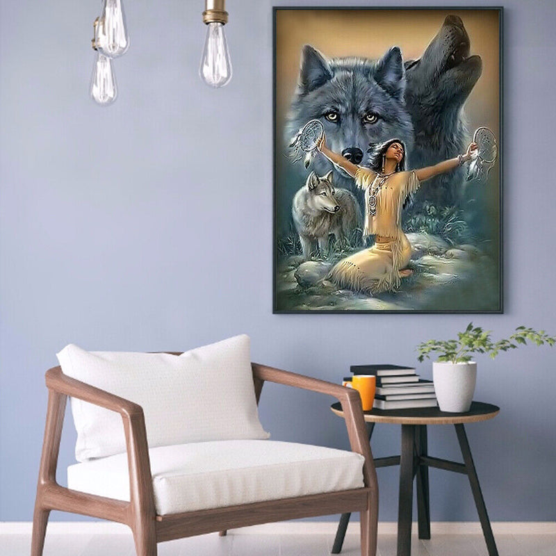 5D DIY Diamond Woman Wolf Full Round Drill Mosaic Wall Art Picture of Rhinestone