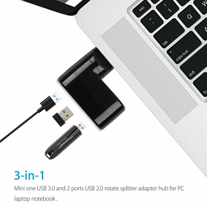 Mini Rotatable 3 Port USB Hub U Disk Reader Splitter for PC (USB 2.0 Black)