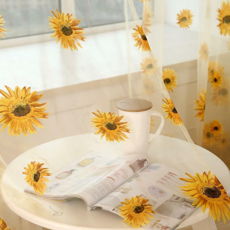 Sunflower Print Window Door Curtain Tulle Curtains for Living Room (Yellow)