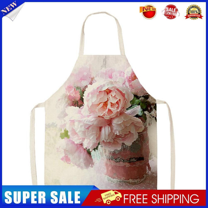 Pink Flower Print Apron Waterproof Cooking Bibs Kitchen Pinafore (82x68cm)