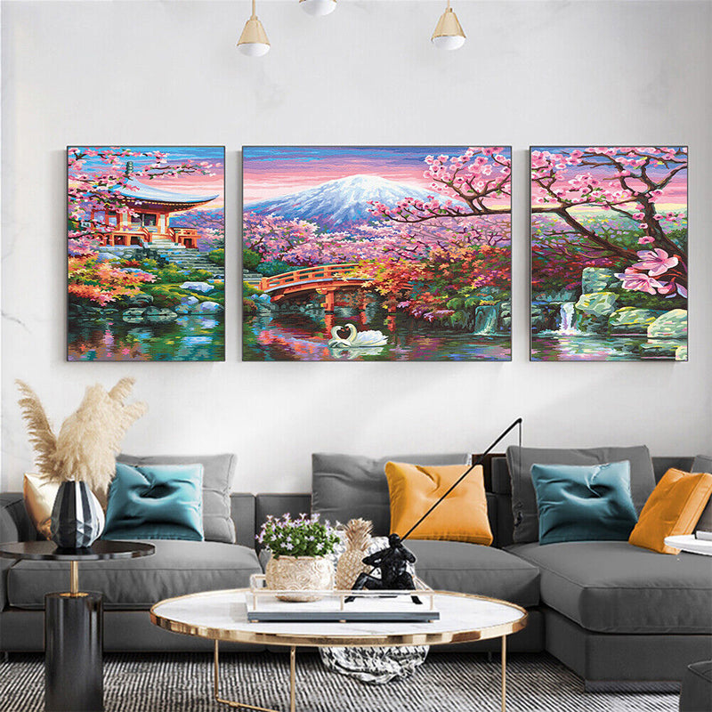 Frameless Painting By Numbers Courtyard DIY Drawing On Canvas Craft Triptych Kit