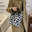 Women Soft Warm Plush Cow Pattern Handbags Female Travel Fluffy Underarm Bags