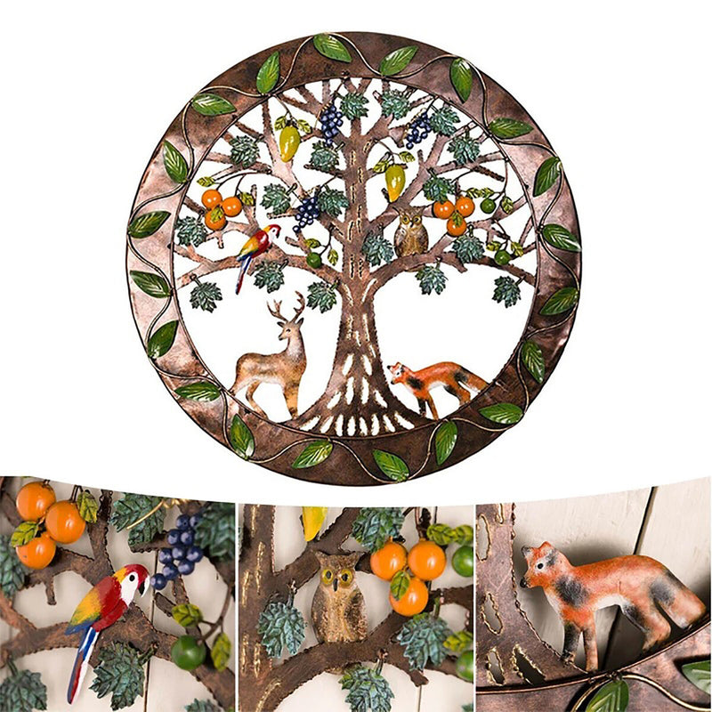 Iron Wall Sculptures-Metal Round Wall Decor with Tree Deer Fox Home Decor Newly