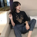 Women T-Shirt Short Sleeve Leopard Deer Print Summer Casual Tops (Black L)