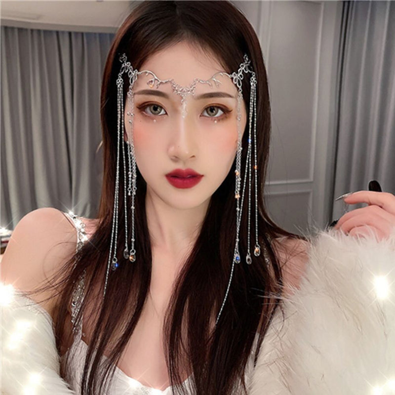 Headdress Rhinestone Fringed Forehead Chain Crystal Long Tassel Headwear
